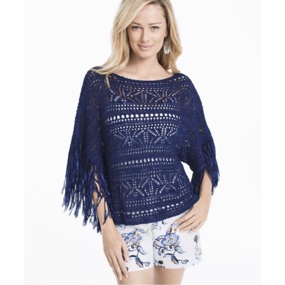 White House Black Market Blue Sheer Fringe Pullover Top Bohemian Festival